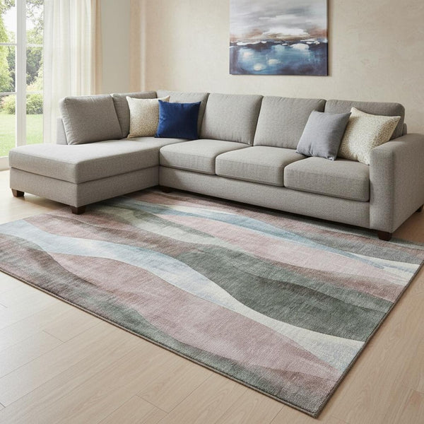 HomeRoots 9' X 12' Salmon Blue & Mauve Abstract Washable Area Rug – UV Protected, Stain Resistant, Durable Design 710279