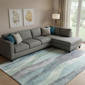 HomeRoots 10' X 14' Teal Plum Ivory Abstract Rug - Durable, Washable, UV-Protected for Modern Living Spaces 710286