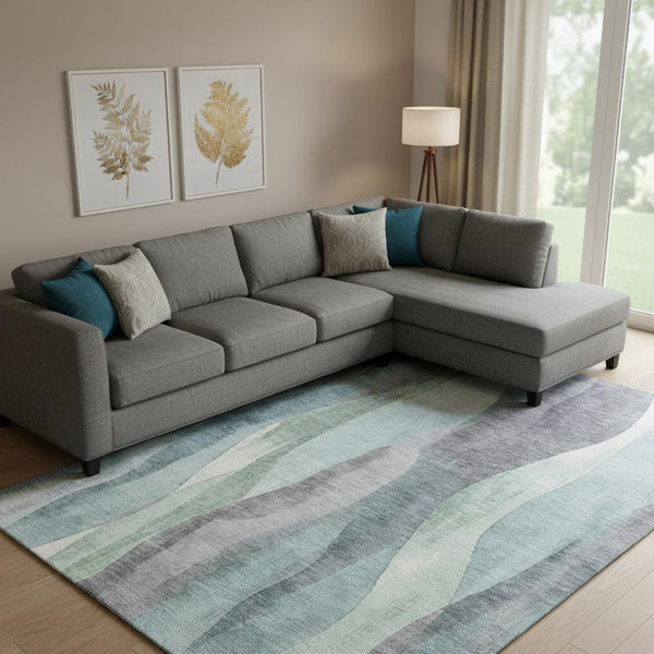 HomeRoots 10' X 14' Teal Plum Ivory Abstract Rug - Durable, Washable, UV-Protected for Modern Living Spaces 710286