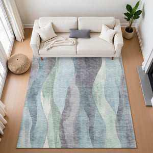 HomeRoots 10' X 14' Teal Plum Ivory Abstract Rug - Durable, Washable, UV-Protected for Modern Living Spaces 710286