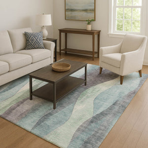 HomeRoots 10' X 14' Teal Plum Ivory Abstract Rug - Durable, Washable, UV-Protected for Modern Living Spaces 710286