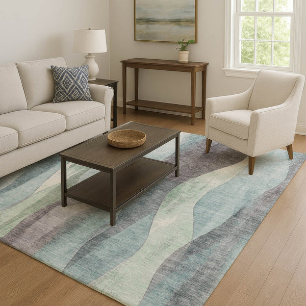HomeRoots 10' X 14' Teal Plum Ivory Abstract Rug - Durable, Washable, UV-Protected for Modern Living Spaces 710286