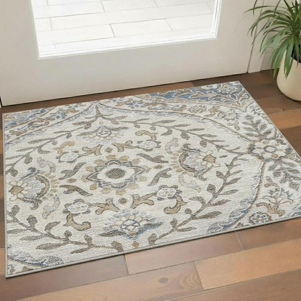 HomeRoots 5' X 8' Washable Beige Ivory Blue Floral Area Rug with UV Protection for Stylish Homes & Durability 710288