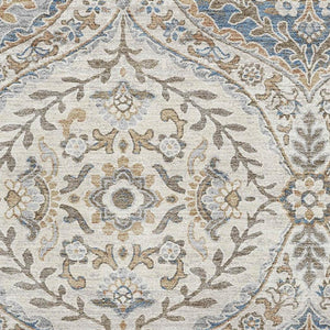 HomeRoots 5' X 8' Washable Beige Ivory Blue Floral Area Rug with UV Protection for Stylish Homes & Durability 710288