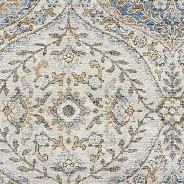HomeRoots 5' X 8' Washable Beige Ivory Blue Floral Area Rug with UV Protection for Stylish Homes & Durability 710288