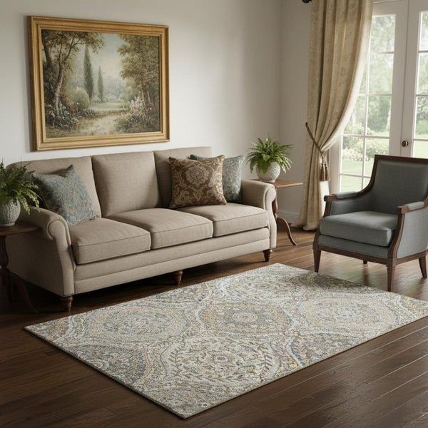 HomeRoots 8' Beige Ivory Blue Floral Washable Round Rug – Elegant, Durable, Pet-Friendly with UV Protection 710289