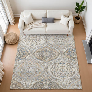 HomeRoots 8' Beige Ivory Blue Floral Washable Round Rug – Elegant, Durable, Pet-Friendly with UV Protection 710289
