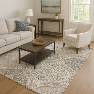 HomeRoots 8' Beige Ivory Blue Floral Washable Round Rug – Elegant, Durable, Pet-Friendly with UV Protection 710289