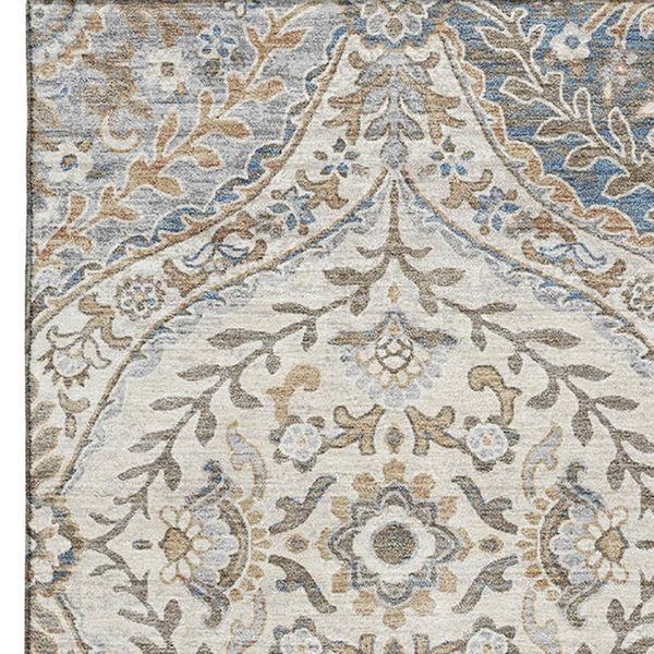 HomeRoots 8' Beige Ivory Blue Floral Washable Round Rug – Elegant, Durable, Pet-Friendly with UV Protection 710289
