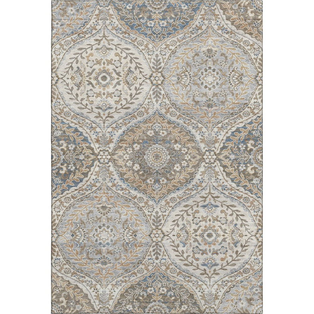 HomeRoots 9' X 12' Washable Floral Area Rug in Beige, Ivory & Blue with UV Protection for High-Traffic Areas 710291