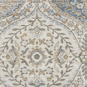 HomeRoots 9' X 12' Washable Floral Area Rug in Beige, Ivory & Blue with UV Protection for High-Traffic Areas 710291