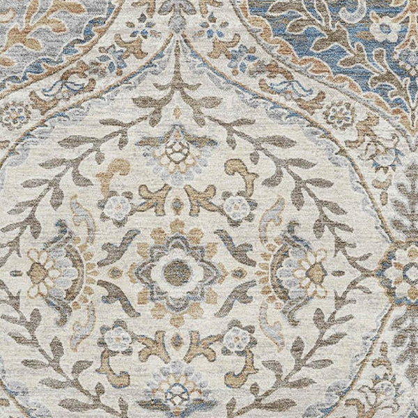 HomeRoots 9' X 12' Washable Floral Area Rug in Beige, Ivory & Blue with UV Protection for High-Traffic Areas 710291