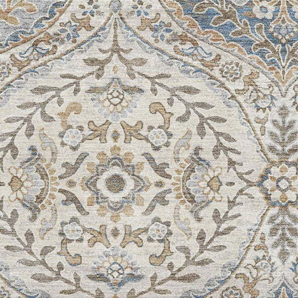 HomeRoots 10' X 14' Floral Area Rug in Beige, Ivory & Blue – Washable, UV-Protected, Durable for High-Traffic Areas 710292
