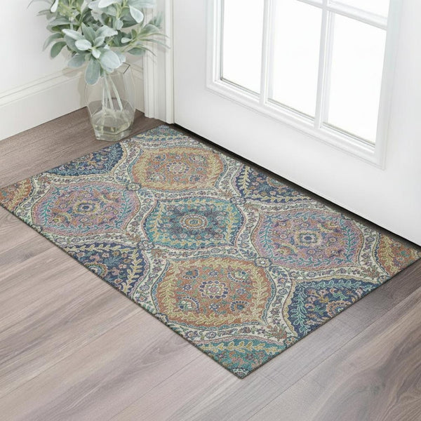 HomeRoots 5' X 8' Blue-Copper & Fern Green Floral Area Rug - Washable, Stain Resistant, UV Protected Comfort 710294