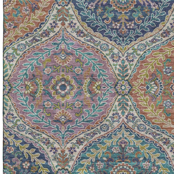 HomeRoots 5' X 8' Blue-Copper & Fern Green Floral Area Rug - Washable, Stain Resistant, UV Protected Comfort 710294