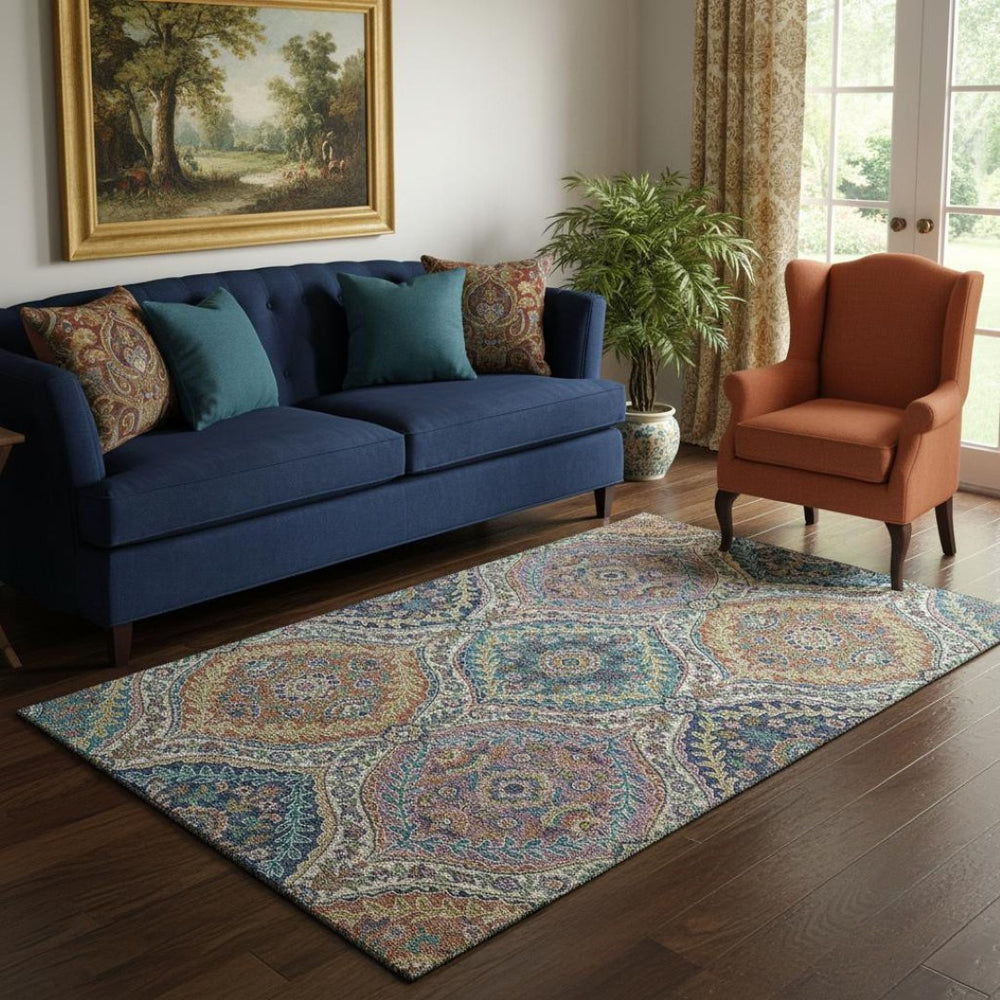 HomeRoots 8' Washable Floral Round Rug in Blue-Copper & Fern-Green – Stain Resistant, UV Protected, Non-Slip 710295