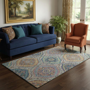 HomeRoots 8' Washable Floral Round Rug in Blue-Copper & Fern-Green – Stain Resistant, UV Protected, Non-Slip 710295