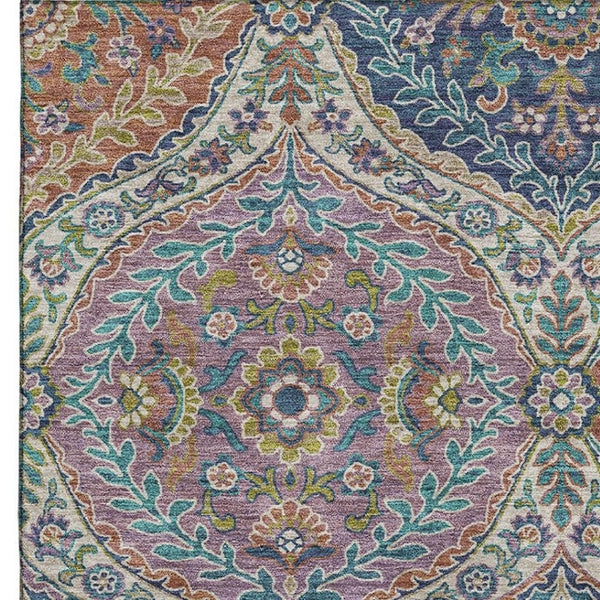 HomeRoots 8' Washable Floral Round Rug in Blue-Copper & Fern-Green – Stain Resistant, UV Protected, Non-Slip 710295