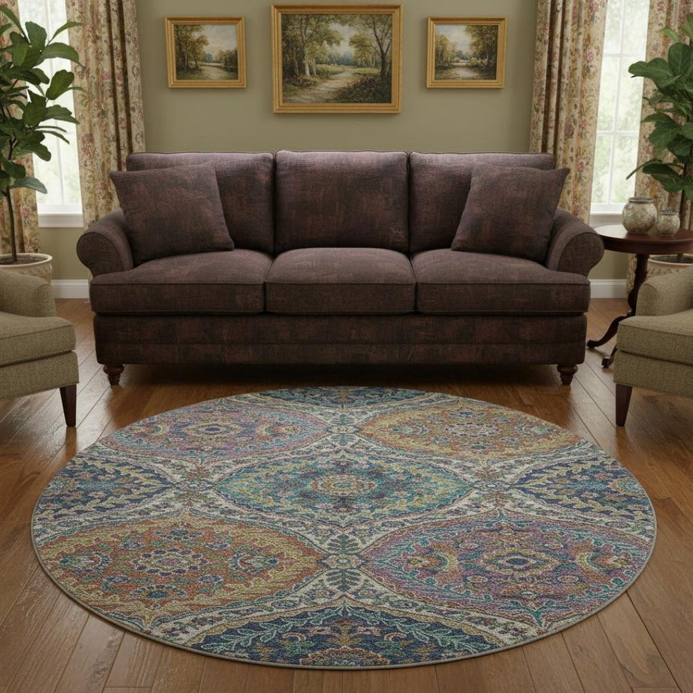 HomeRoots 8' X 10' Floral Area Rug in Blue Copper & Fern Green – Washable, UV Protected, Durable & Stylish! 710296