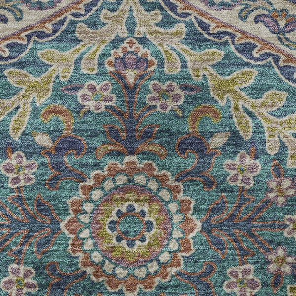 HomeRoots 8' X 10' Floral Area Rug in Blue Copper & Fern Green – Washable, UV Protected, Durable & Stylish! 710296