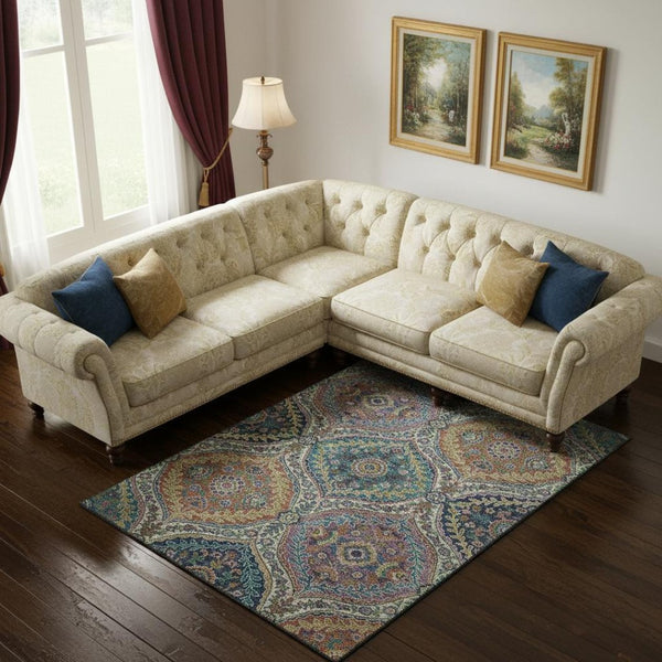 HomeRoots 10' X 14' Washable Floral Area Rug in Blue Copper & Fern Green with UV Protection for High Traffic Areas 710298