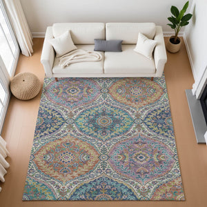 HomeRoots 10' X 14' Washable Floral Area Rug in Blue Copper & Fern Green with UV Protection for High Traffic Areas 710298