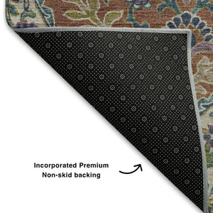 HomeRoots 10' X 14' Washable Floral Area Rug in Blue Copper & Fern Green with UV Protection for High Traffic Areas 710298