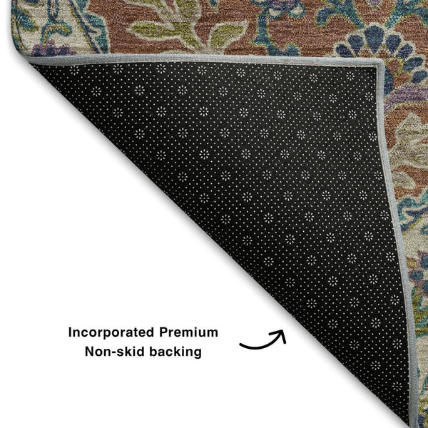 HomeRoots 10' X 14' Washable Floral Area Rug in Blue Copper & Fern Green with UV Protection for High Traffic Areas 710298