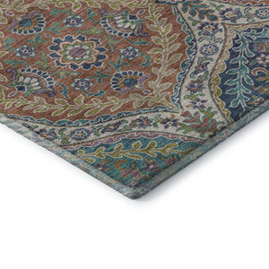 HomeRoots 10' X 14' Washable Floral Area Rug in Blue Copper & Fern Green with UV Protection for High Traffic Areas 710298