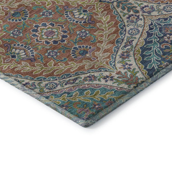 HomeRoots 10' X 14' Washable Floral Area Rug in Blue Copper & Fern Green with UV Protection for High Traffic Areas 710298