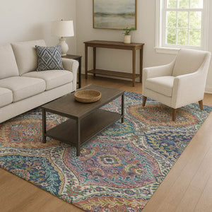 HomeRoots 10' X 14' Washable Floral Area Rug in Blue Copper & Fern Green with UV Protection for High Traffic Areas 710298