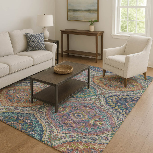 HomeRoots 10' X 14' Washable Floral Area Rug in Blue Copper & Fern Green with UV Protection for High Traffic Areas 710298