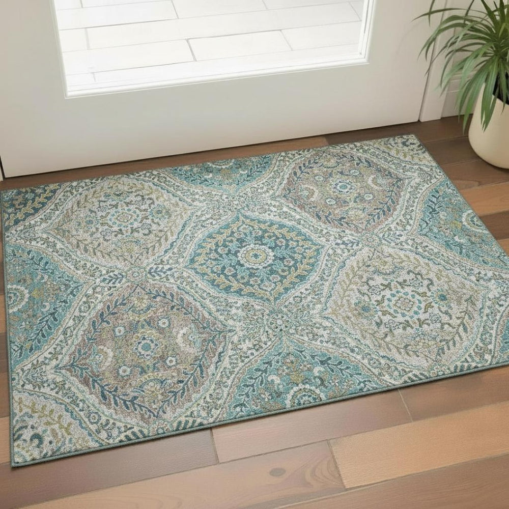 HomeRoots 5' X 8' Teal Ivory Beige Floral Area Rug - Washable, UV Protected, Pet Friendly, Easy Care Design 710300