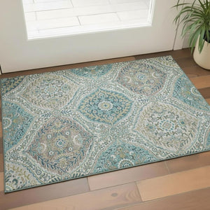 HomeRoots 5' X 8' Teal Ivory Beige Floral Area Rug - Washable, UV Protected, Pet Friendly, Easy Care Design 710300