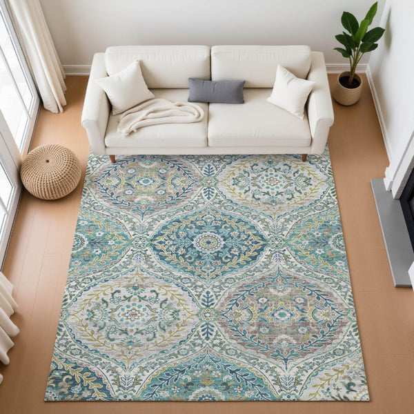 HomeRoots 5' X 8' Teal Ivory Beige Floral Area Rug - Washable, UV Protected, Pet Friendly, Easy Care Design 710300