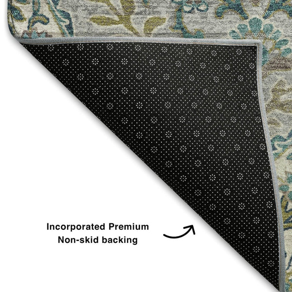 HomeRoots 5' X 8' Teal Ivory Beige Floral Area Rug - Washable, UV Protected, Pet Friendly, Easy Care Design 710300