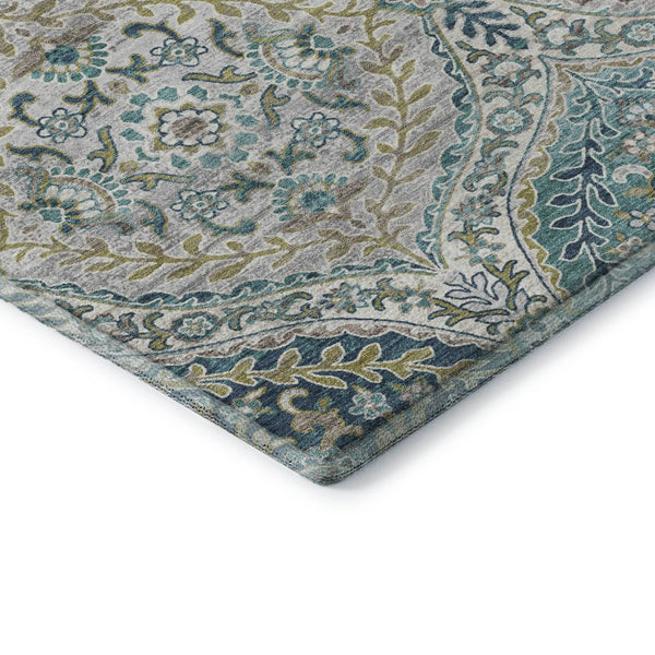 HomeRoots 5' X 8' Teal Ivory Beige Floral Area Rug - Washable, UV Protected, Pet Friendly, Easy Care Design 710300