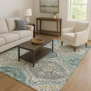 HomeRoots 5' X 8' Teal Ivory Beige Floral Area Rug - Washable, UV Protected, Pet Friendly, Easy Care Design 710300