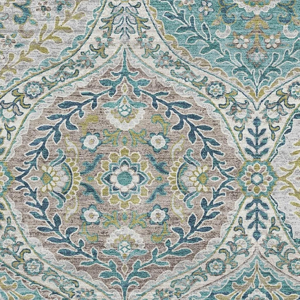 HomeRoots 5' X 8' Teal Ivory Beige Floral Area Rug - Washable, UV Protected, Pet Friendly, Easy Care Design 710300