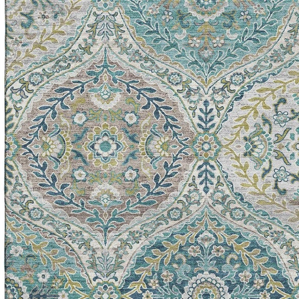 HomeRoots 5' X 8' Teal Ivory Beige Floral Area Rug - Washable, UV Protected, Pet Friendly, Easy Care Design 710300