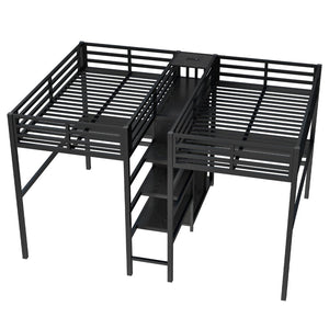 English Elm Twin Metal Loft Bed with Study Desk Wardrobe Shelving and Outlet for Kids Rooms Black W1580S00371