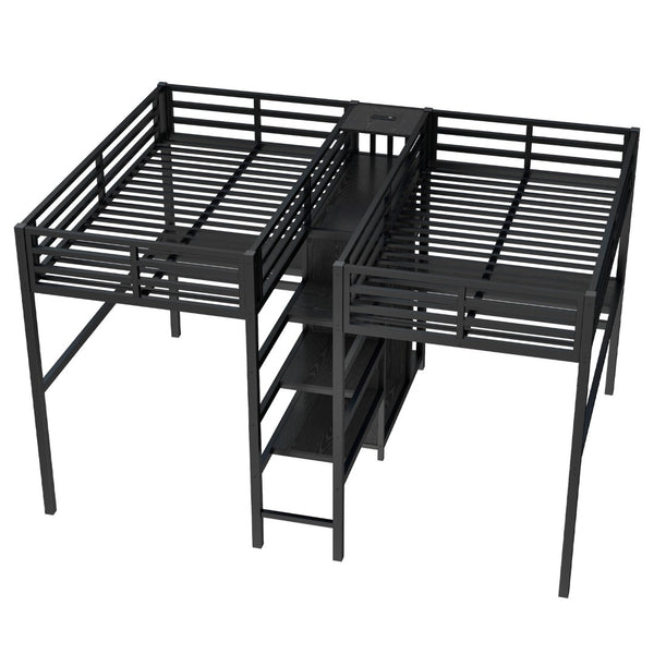 English Elm Twin Metal Loft Bed with Study Desk Wardrobe Shelving and Outlet for Kids Rooms Black W1580S00371