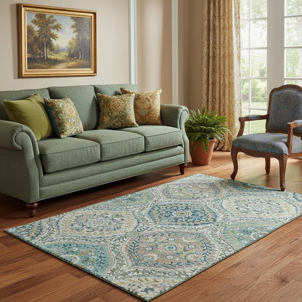 HomeRoots 8' Teal Ivory and Beige Floral Round Rug - Washable, UV Protected, Stain Resistant for Busy Homes 710301