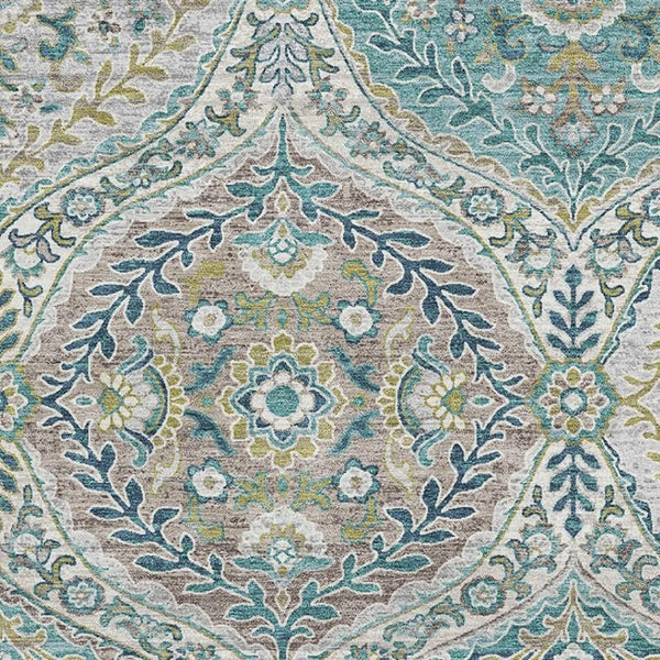 HomeRoots 8' Teal Ivory and Beige Floral Round Rug - Washable, UV Protected, Stain Resistant for Busy Homes 710301