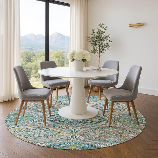 HomeRoots 8' X 10' Teal Ivory Beige Floral Area Rug – Durable, Washable, UV-Protected for Stylish Living Spaces 710302