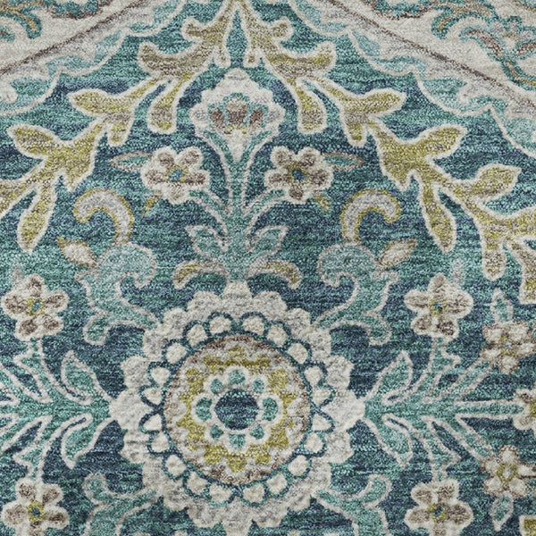 HomeRoots 8' X 10' Teal Ivory Beige Floral Area Rug – Durable, Washable, UV-Protected for Stylish Living Spaces 710302