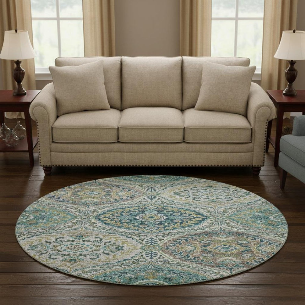 HomeRoots 8' X 10' Teal Ivory Beige Floral Area Rug – Durable, Washable, UV-Protected for Stylish Living Spaces 710302