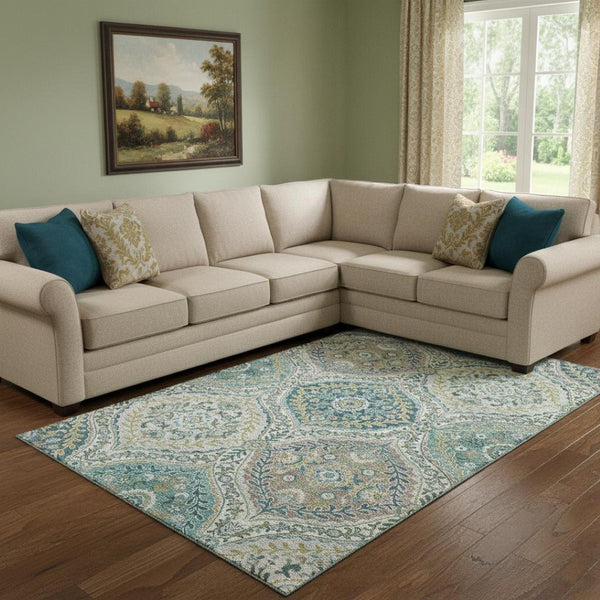 HomeRoots 9' X 12' Elegant Teal Ivory Beige Floral Area Rug – Washable, UV Protected, Non-Slip & Stain-Resistant 710303