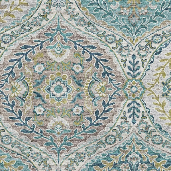 HomeRoots 9' X 12' Elegant Teal Ivory Beige Floral Area Rug – Washable, UV Protected, Non-Slip & Stain-Resistant 710303