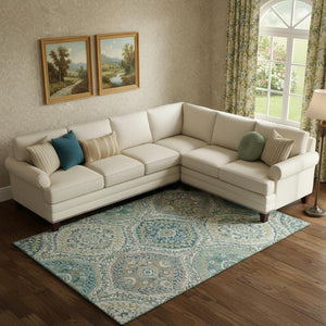 HomeRoots 10' X 14' Teal Ivory Beige Floral Area Rug - Washable, UV Protected, Durable & Stain Resistant Design 710304